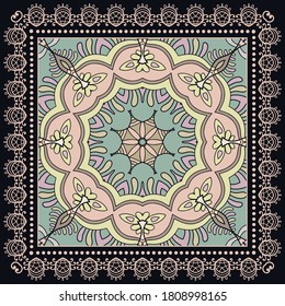 Decorative colorful ornament on black background, symmetric pattern with doodle lace frame. Tribal ethnic mandala decor. Bandana shawl, hijab, tablecloth fabric print, silk neck scarf, kerchief design
