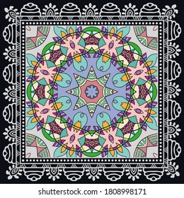 Decorative colorful ornament on black background, symmetric pattern with doodle lace frame. Tribal ethnic mandala decor. Bandana shawl, hijab, tablecloth fabric print, silk neck scarf, kerchief design