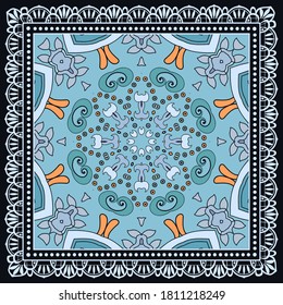 Decorative colorful ornament on black background, symmetric pattern with doodle lace frame. Tribal ethnic mandala decor. Bandana shawl, hijab, tablecloth fabric print, silk neck scarf, kerchief design