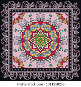 Decorative colorful ornament on black background, symmetric pattern with doodle lace frame. Tribal ethnic mandala decor. Bandana shawl, hijab, tablecloth fabric print, silk neck scarf, kerchief design