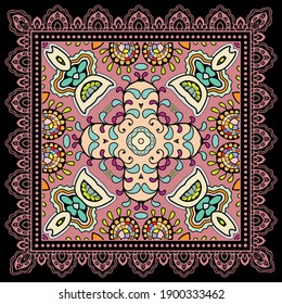 Decorative colorful ornament on black background, symmetric pattern with doodle lace frame. Tribal ethnic mandala decor. Bandana shawl, hijab, tablecloth fabric print, silk neck scarf, kerchief design