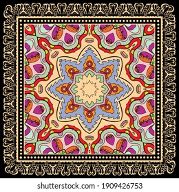 Decorative colorful ornament on black background, symmetric pattern with doodle lace frame. Tribal ethnic mandala decor. Bandana shawl, hijab, tablecloth fabric print, silk neck scarf, kerchief design