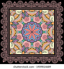 Decorative colorful ornament on black background, symmetric pattern with doodle lace frame. Tribal ethnic mandala decor. Bandana shawl, hijab, tablecloth fabric print, silk neck scarf, kerchief design