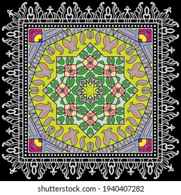 Decorative colorful ornament on black background, symmetric pattern with doodle lace frame. Tribal ethnic mandala decor. Bandana shawl, hijab, tablecloth fabric print, silk neck scarf, kerchief design