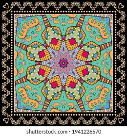 Decorative colorful ornament on black background, symmetric pattern with doodle lace frame. Tribal ethnic mandala decor. Bandana shawl, hijab, tablecloth fabric print, silk neck scarf, kerchief design