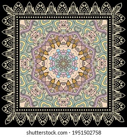 Decorative colorful ornament on black background, symmetric pattern with doodle lace frame. Tribal ethnic mandala decor. Bandana shawl, hijab, tablecloth fabric print, silk neck scarf, kerchief design