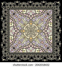 Decorative colorful ornament on black background, symmetric pattern with doodle lace frame. Tribal ethnic mandala decor. Bandana shawl, hijab, tablecloth fabric print, silk neck scarf, kerchief design