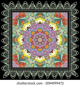 Decorative colorful ornament on black background, symmetric pattern with doodle lace frame. Tribal ethnic mandala decor. Bandana shawl, hijab, tablecloth fabric print, silk neck scarf, kerchief design