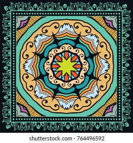 Decorative colorful ornament on a black background, symmetric pattern with doodle lace frame. Tribal ethnic mandala decor. Bandanna shawl, tablecloth fabric print, silk neck scarf, kerchief design