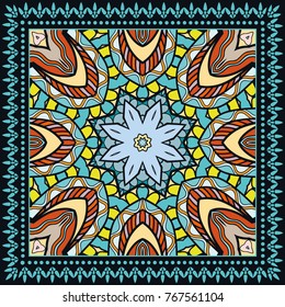 Decorative colorful ornament on a black background, symmetric pattern with doodle lace frame. Tribal ethnic mandala decor. Bandanna shawl, tablecloth fabric print, silk neck scarf, kerchief design