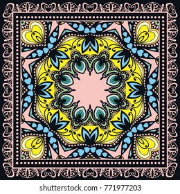 Decorative colorful ornament on a black background, symmetric pattern with doodle lace frame. Tribal ethnic mandala decor. Bandanna shawl, tablecloth fabric print, silk neck scarf, kerchief design