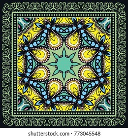 Decorative colorful ornament on a black background, symmetric pattern with doodle lace frame. Tribal ethnic mandala decor. Bandanna shawl, tablecloth fabric print, silk neck scarf, kerchief design