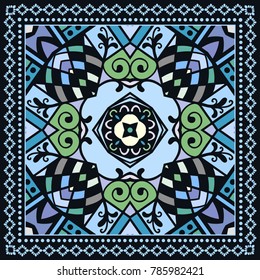 Decorative colorful ornament on a black background, symmetric pattern with doodle lace frame. Tribal ethnic mandala decor. Bandanna shawl, tablecloth fabric print, silk neck scarf, kerchief design