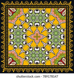 Decorative colorful ornament on a black background, symmetric pattern with doodle lace frame. Tribal ethnic mandala decor. Bandanna shawl, tablecloth fabric print, silk neck scarf, kerchief design