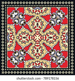 Decorative colorful ornament on a black background, symmetric pattern with doodle lace frame. Tribal ethnic mandala decor. Bandanna shawl, tablecloth fabric print, silk neck scarf, kerchief design