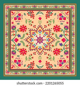 Decorative colorful ornament on dark background, symmetric pattern with beautiful flowers. Tribal ethnic mandala. Bandana shawl, hijab, tablecloth fabric print, silk neck scarf.