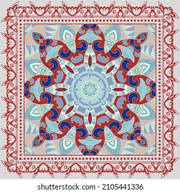 Decorative colorful ornament on gray background, symmetric pattern with doodle lace frame. Tribal ethnic mandala decor. Bandana shawl, hijab, tablecloth fabric print, silk neck scarf, kerchief design