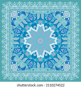 Decorative colorful ornament on green background, symmetric pattern with doodle lace frame. Tribal ethnic mandala decor. Bandana shawl, hijab, tablecloth fabric print, silk neck scarf, kerchief design