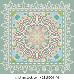Decorative colorful ornament on green background, symmetric pattern with doodle lace frame. Tribal ethnic mandala decor. Bandana shawl, hijab, tablecloth fabric print, silk neck scarf, kerchief design