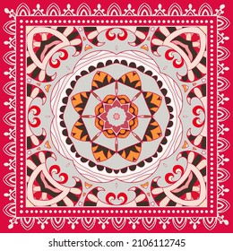 Decorative colorful ornament on red background, symmetric pattern with doodle lace frame. Tribal ethnic mandala decor. Bandana shawl, hijab, tablecloth fabric print, silk neck scarf, kerchief design