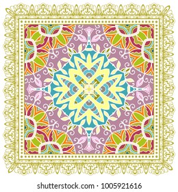 Decorative colorful ornament on a white background, symmetric pattern with doodle lace frame. Tribal ethnic mandala decor. Bandanna shawl, tablecloth fabric print, silk neck scarf, kerchief design