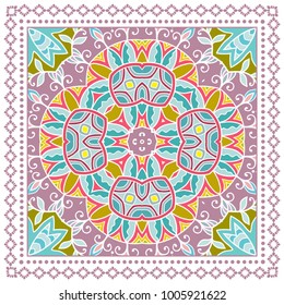 Decorative colorful ornament on a white background, symmetric pattern with doodle lace frame. Tribal ethnic mandala decor. Bandanna shawl, tablecloth fabric print, silk neck scarf, kerchief design