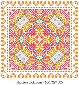 Decorative colorful ornament on a white background, symmetric pattern with doodle lace frame. Tribal ethnic mandala decor. Bandanna shawl, tablecloth fabric print, silk neck scarf, kerchief design