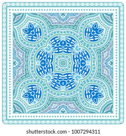 Decorative colorful ornament on a white background, symmetric pattern with doodle lace frame. Tribal ethnic mandala decor. Bandanna shawl, tablecloth fabric print, silk neck scarf, kerchief design