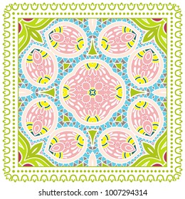 Decorative colorful ornament on a white background, symmetric pattern with doodle lace frame. Tribal ethnic mandala decor. Bandanna shawl, tablecloth fabric print, silk neck scarf, kerchief design