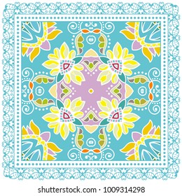 Decorative colorful ornament on a white background, symmetric pattern with doodle lace frame. Tribal ethnic mandala decor. Bandanna shawl, tablecloth fabric print, silk neck scarf, kerchief design