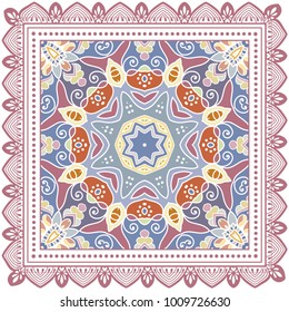Decorative colorful ornament on a white background, symmetric pattern with doodle lace frame. Tribal ethnic mandala decor. Bandanna shawl, tablecloth fabric print, silk neck scarf, kerchief design