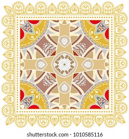 Decorative colorful ornament on a white background, symmetric pattern with doodle lace frame. Tribal ethnic mandala decor. Bandanna shawl, tablecloth fabric print, silk neck scarf, kerchief design