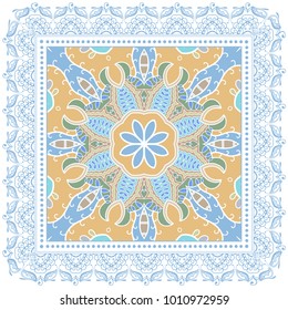 Decorative colorful ornament on a white background, symmetric pattern with doodle lace frame. Tribal ethnic mandala decor. Bandanna shawl, tablecloth fabric print, silk neck scarf, kerchief design