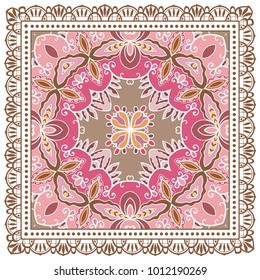 Decorative colorful ornament on a white background, symmetric pattern with doodle lace frame. Tribal ethnic mandala decor. Bandanna shawl, tablecloth fabric print, silk neck scarf, kerchief design