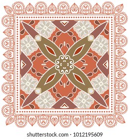 Decorative colorful ornament on a white background, symmetric pattern with doodle lace frame. Tribal ethnic mandala decor. Bandanna shawl, tablecloth fabric print, silk neck scarf, kerchief design