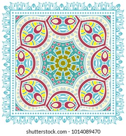 Decorative colorful ornament on a white background, symmetric pattern with doodle lace frame. Tribal ethnic mandala decor. Bandanna shawl, tablecloth fabric print, silk neck scarf, kerchief design