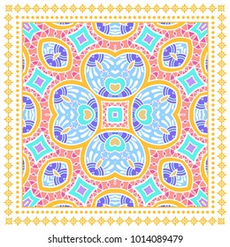 Decorative colorful ornament on a white background, symmetric pattern with doodle lace frame. Tribal ethnic mandala decor. Bandanna shawl, tablecloth fabric print, silk neck scarf, kerchief design