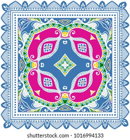 Decorative colorful ornament on a white background, symmetric pattern with doodle lace frame. Tribal ethnic mandala decor. Bandanna shawl, tablecloth fabric print, silk neck scarf, kerchief design