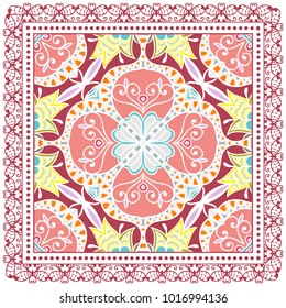 Decorative colorful ornament on a white background, symmetric pattern with doodle lace frame. Tribal ethnic mandala decor. Bandanna shawl, tablecloth fabric print, silk neck scarf, kerchief design
