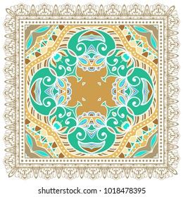 Decorative colorful ornament on a white background, symmetric pattern with doodle lace frame. Tribal ethnic mandala decor. Bandanna shawl, tablecloth fabric print, silk neck scarf, kerchief design