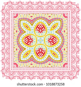 Decorative colorful ornament on a white background, symmetric pattern with doodle lace frame. Tribal ethnic mandala decor. Bandanna shawl, tablecloth fabric print, silk neck scarf, kerchief design