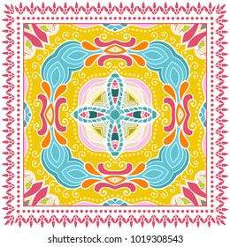 Decorative colorful ornament on a white background, symmetric pattern with doodle lace frame. Tribal ethnic mandala decor. Bandanna shawl, tablecloth fabric print, silk neck scarf, kerchief design