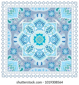 Decorative colorful ornament on a white background, symmetric pattern with doodle lace frame. Tribal ethnic mandala decor. Bandanna shawl, tablecloth fabric print, silk neck scarf, kerchief design