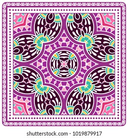 Decorative colorful ornament on a white background, symmetric pattern with doodle lace frame. Tribal ethnic mandala decor. Bandanna shawl, tablecloth fabric print, silk neck scarf, kerchief design