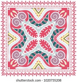 Decorative colorful ornament on a white background, symmetric pattern with doodle lace frame. Tribal ethnic mandala decor. Bandanna shawl, tablecloth fabric print, silk neck scarf, kerchief design