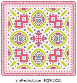 Decorative colorful ornament on a white background, symmetric pattern with doodle lace frame. Tribal ethnic mandala decor. Bandanna shawl, tablecloth fabric print, silk neck scarf, kerchief design