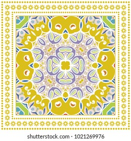 Decorative colorful ornament on a white background, symmetric pattern with geometric frame border. Tribal ethnic mandala decor. Bandana shawl, tablecloth fabric print, silk neck scarf, kerchief design