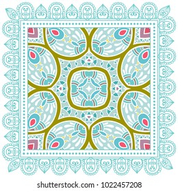 Decorative colorful ornament on a white background, symmetric pattern with doodle lace frame. Tribal ethnic mandala decor. Bandana shawl, tablecloth fabric print, silk neck scarf, kerchief design