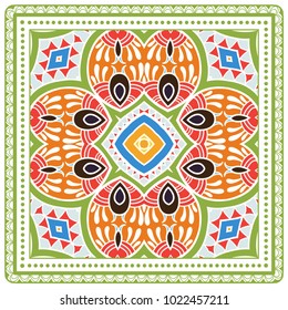 Decorative colorful ornament on a white background, symmetric pattern with doodle lace frame. Tribal ethnic mandala decor. Bandana shawl, tablecloth fabric print, silk neck scarf, kerchief design
