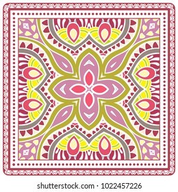 Decorative colorful ornament on a white background, symmetric pattern with doodle lace frame. Tribal ethnic mandala decor. Bandana shawl, tablecloth fabric print, silk neck scarf, kerchief design